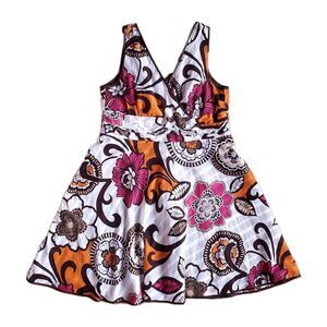 Sleeveless Faux Wrap Dress Size 22W Floral Fit & Flare White Brown Orange Pink